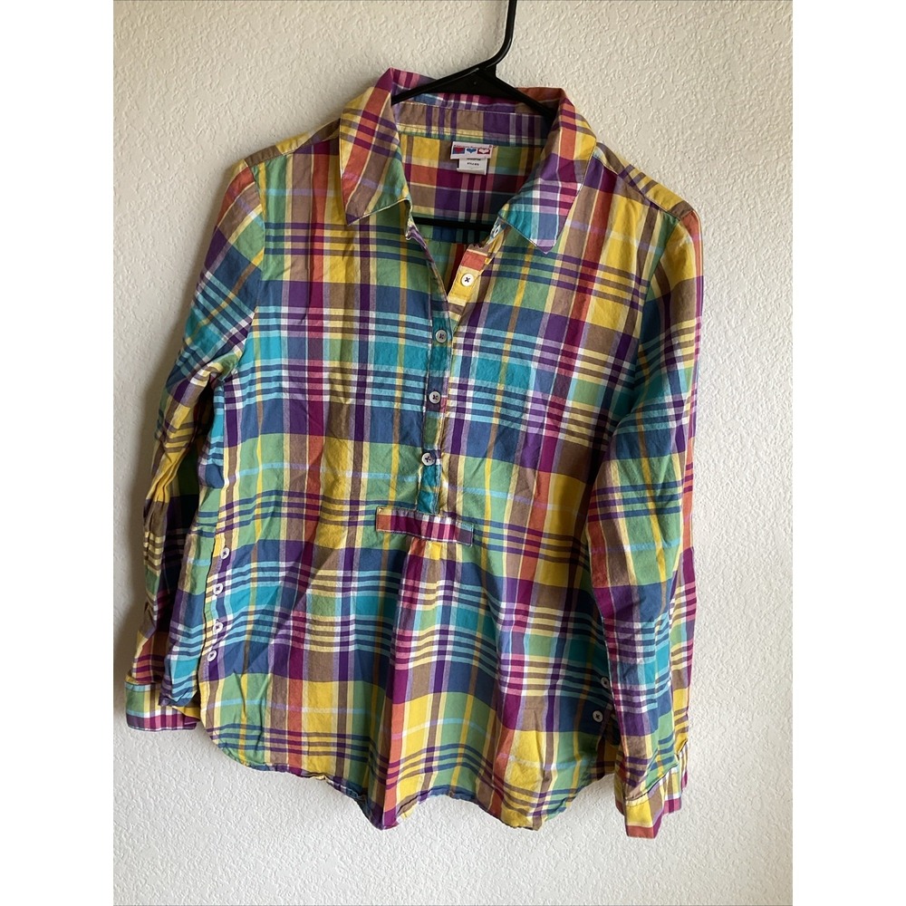 American Sweetheart Women med Shirt Colorful Cotton Plaid Long Sleeve Pullover